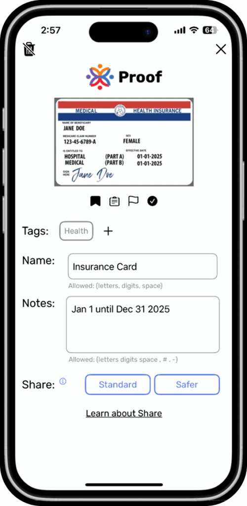 The Carry app displays an organized "Insurance Card" with a "Health" tag, notes about its validity, and sharing options. Below the card, a bookmark flag and a checkmark flag are selected, showing how easy it is to keep track of your documents! Effortless organization at your fingertips!